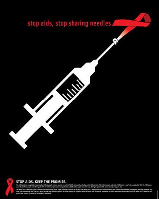  Cartaz veiculado no Dia Mundial de Combate à Aids pede que o uso de seringas injetáveis não seja compartilhado (Arte: Jing Zhou) 