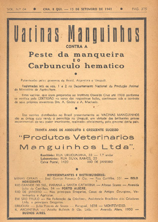  Anúncio de 1941 das Vacinas Manguinhos, que até 1938 eram produzidas pelo IOC 