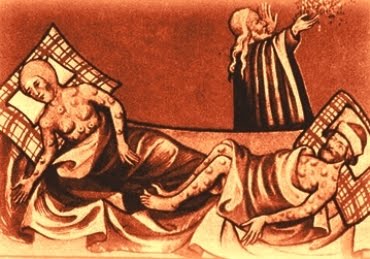  Ilustração do século14 com vítimas da peste recebendo como tratamento as bênçãos de um clérigo 