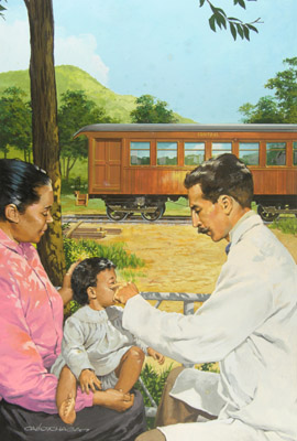  Ilustração retrata Carlos Chagas atendendo criança enquanto fazia pesquisas, no interior de Minas 