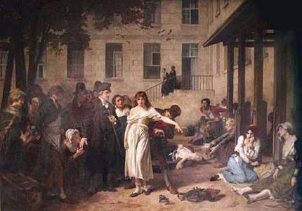  Phillipe Pinel remove as correntes que prendiam as pacientes de um asilo feminino de Paris, em 1795 