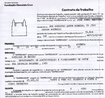  Cópia de parte do primeiro contrato de trabalho de Temporão com a Fiocruz, de 1980 