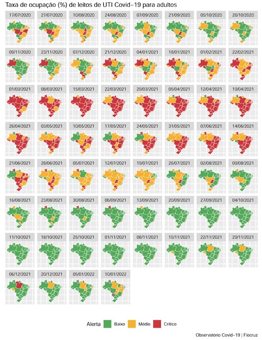 Mapas do Brasil mostrando a evolução da epidemia nos estados através dos meses