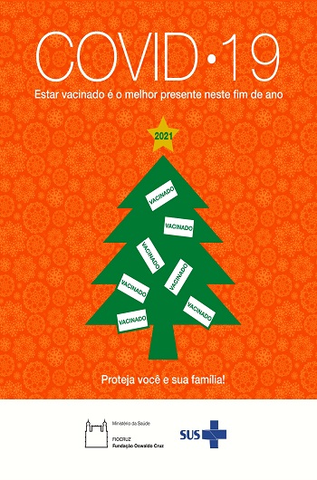Desenho de uma árvore de Natal e a frase Covid-19 - estar vacinado é o melhor presente